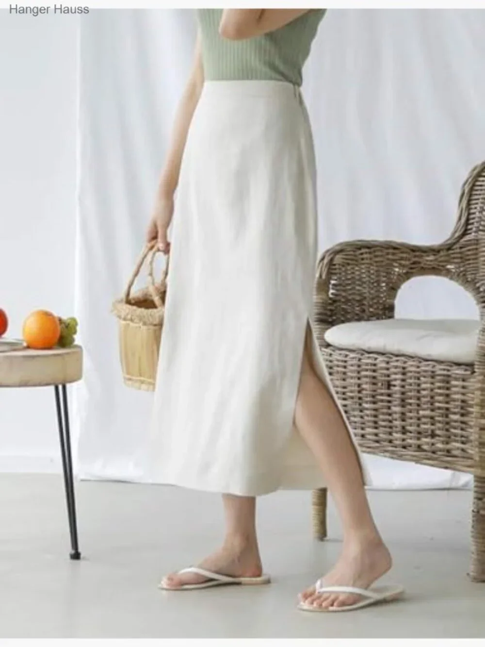 High Waisted Straight Fit Linen Long Skirt with Slit Midi - Picture 2 of 6
